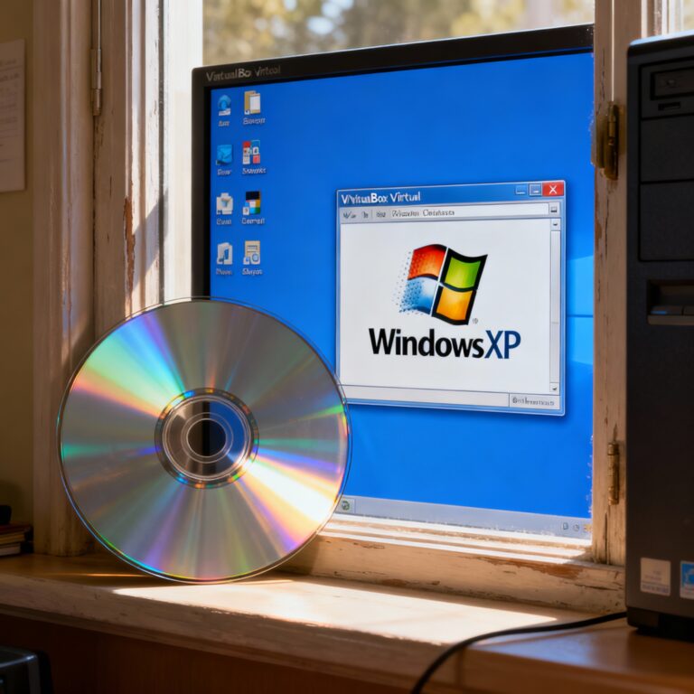VirtualBox corriendo Windows XP y juegos de CD clásicos en escritorio moderno