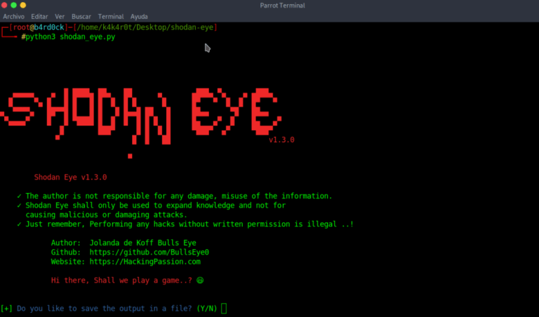 Herramienta Shodan Eye para Parrot Security