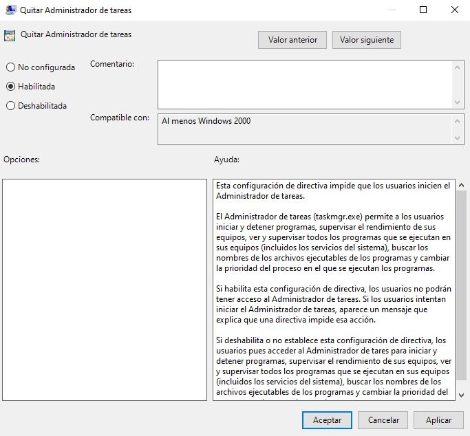 Quitar el administrador de tareas en Windows 10 desde gpedit