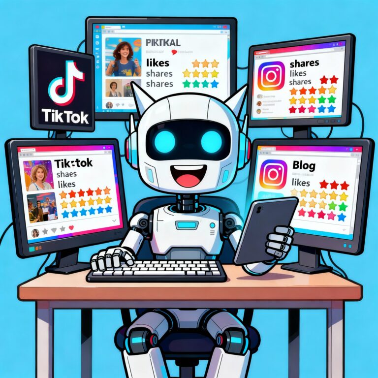 Caricatura humorística de robot creandocontenido viral para TikTok, Instagram y blogs