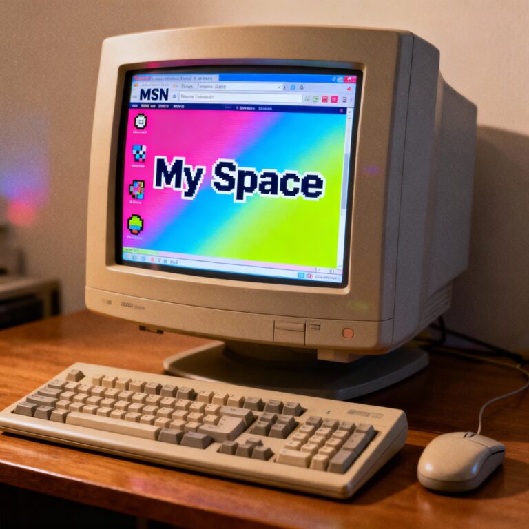 Imagen destacada: ordenador retro mostrando MSN Spaces con fondo personalizado estilo años 2000