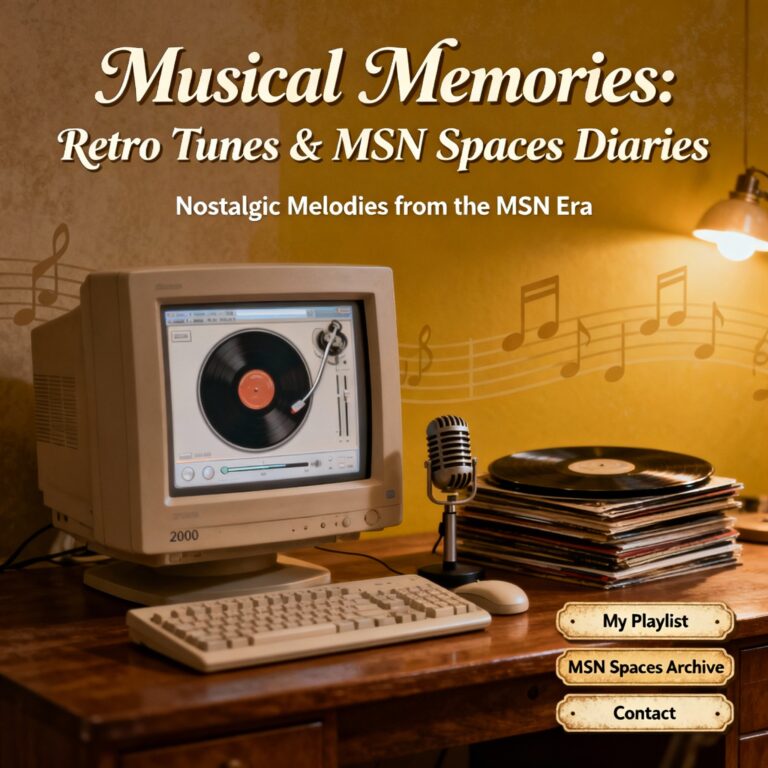 Ilustración de un blog musical retro con ordenador vintage, notas musicales flotantes y elementos que evocan la era de MSN Spaces