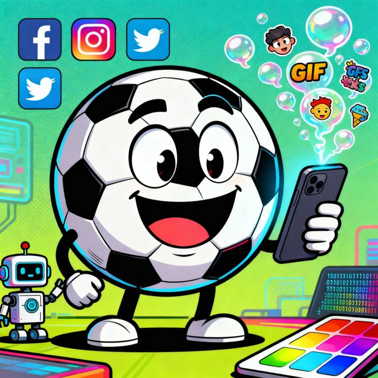 Balón de fútbol con cara de meme, móvil creando GIF y stickers deportivos