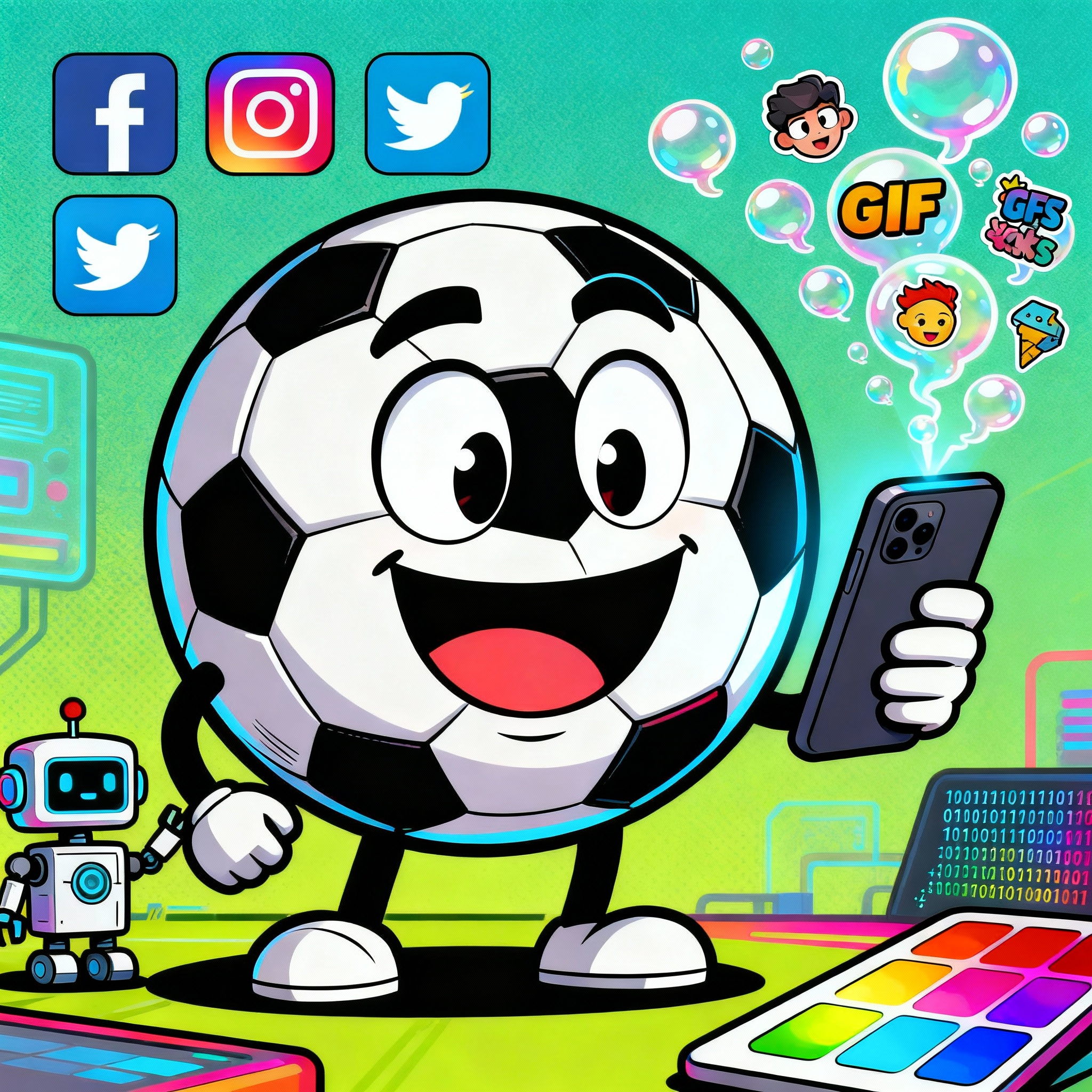 Balón de fútbol con cara de meme, móvil creando GIF y stickers deportivos